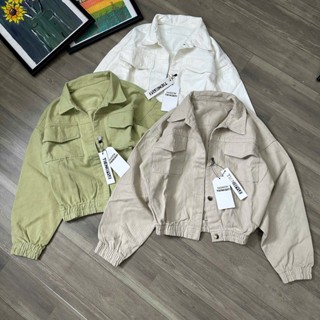 TIENSTYLE _ Áo Jean Nữ Chun Lưng Nắp Túi Tay Rộng Crotop form lửng, Khoác Bò chun eo cổ bẻ tay bo