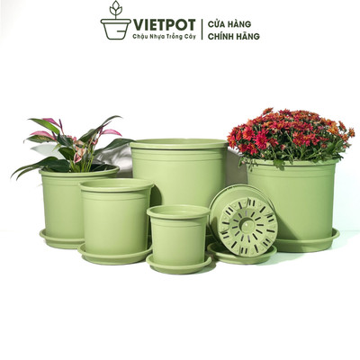 Chậu nhựa trồng cây VIETPOT.VN, xanh Mint Trơn, trồng kiểng lá hoa hồng, để bàn, ban công sân vườn.