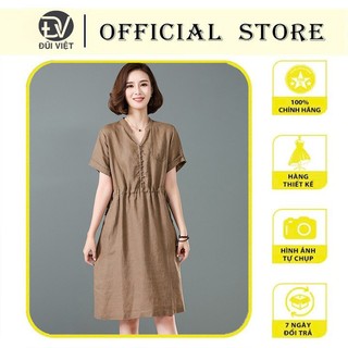 Đầm thiết kế dáng A cổ V màu nâu chất liệu linen dễ mặc