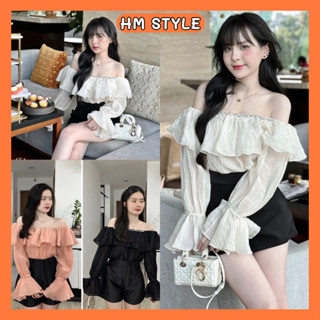 Áo sơ mi trễ vai dài tay phối bèo đính đá, áo tơ tay bồng bánh bèo chất tơ nhăn QC cao cấp HA927