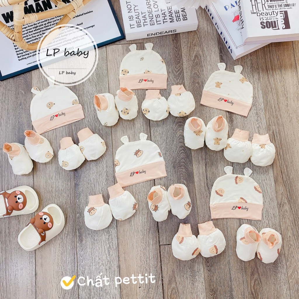 Sét Mũ Kèm Bao Tay Bao Chân Cho Bé Sơ Sinh Thun Lạnh Petit Phong Cách Hàn, Mềm Mịn Họa Tiết Dễ Thương SM22
