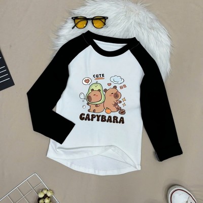 Áo thu đông cho bé gái chất borip co giãn 4 chiều - Áo dài tay bé gái capybara  - Loza Kids AD2817