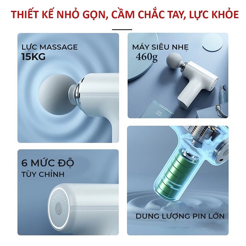 Máy Massage 4 Đầu 6 Chế Độ Fascial Gun Trị Nhức Mỏi Vai Gáy,Đau Giãn Căng Cơ