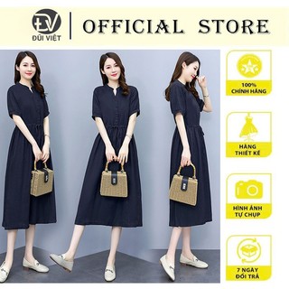 Đầm váy suông nữ ngắn tay cổ V, Váy Linen nữ dáng dài, eo có dây rút phù hợp cho nữ phong cách đơn giản da51