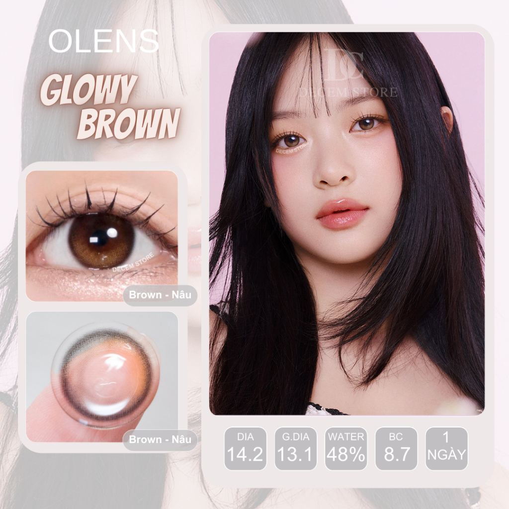 Kính áp tròng 1 ngày Olens Glowy Brown màu nâu OL2 Hàn Quốc chính hãng, lens mắt cận độ giãn tròng n