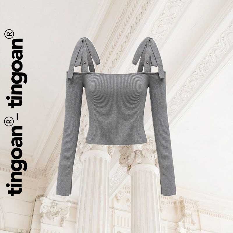 TINGOAN® - Áo trễ vai len xù buộc dây nơ vai cổ tay xẻ xám BABY DOLL GR phiên bản mới nhất T2.2025 