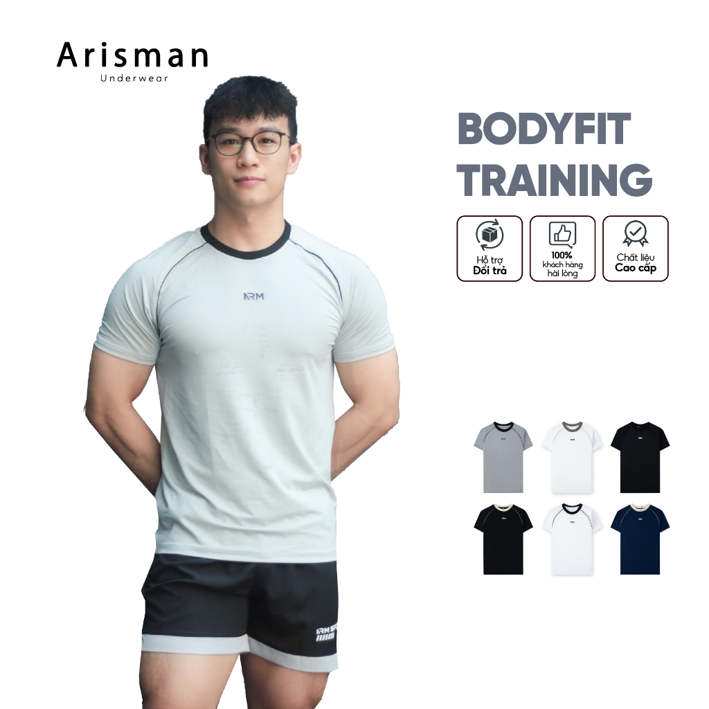 Áo Tập Gym Nam ARISMAN BodyFit Phối Viền,  Áo Thể Thao Nam Chất Liệu Co Giãn, Vận Động Thoáng Mát