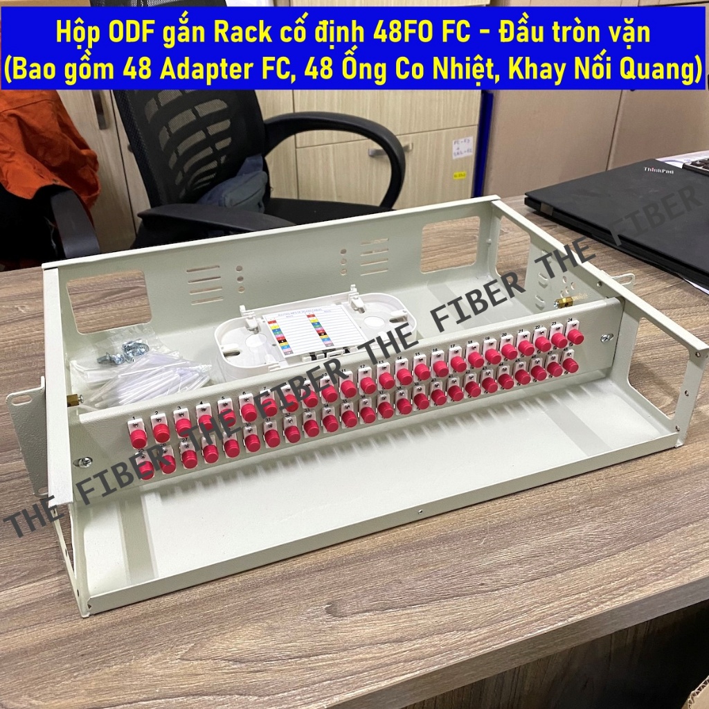 Hộp ODF gắn Rack cố định 48FO FC - Đầu tròn vặn (Bao gồm 48 Adapter FC, 48 Ống Co Nhiệt, Khay Nối Qu