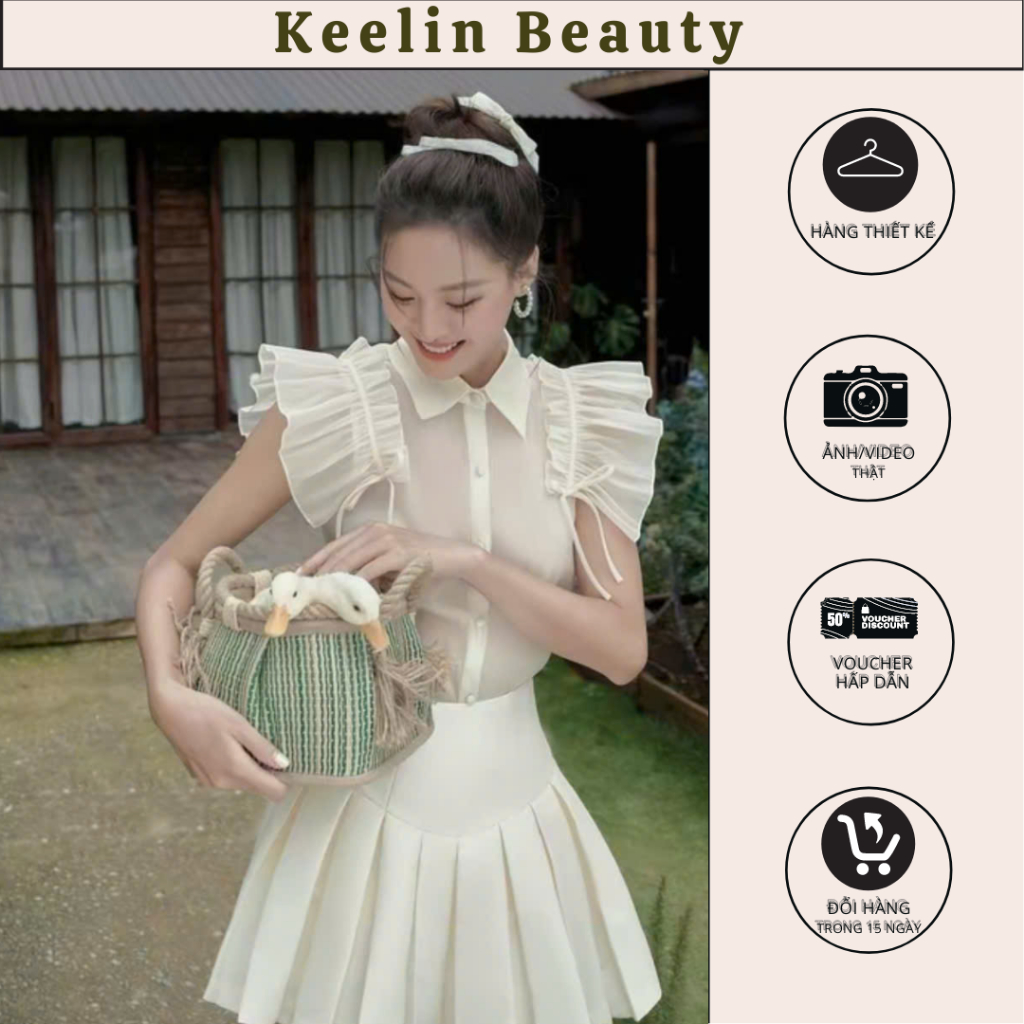 Bộ Áo Sơ mi Tơ Bèo Vai Khuy Bọc Mix Chân Váy Xếp Ly Tafta Keelin