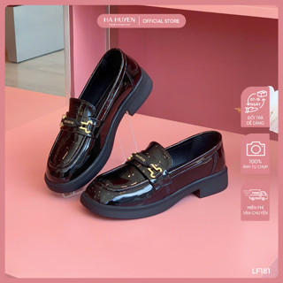  Giày Loafer nữ HÀ HUYỀN da bóng khắc chữ đế cao 3cm - LF181 