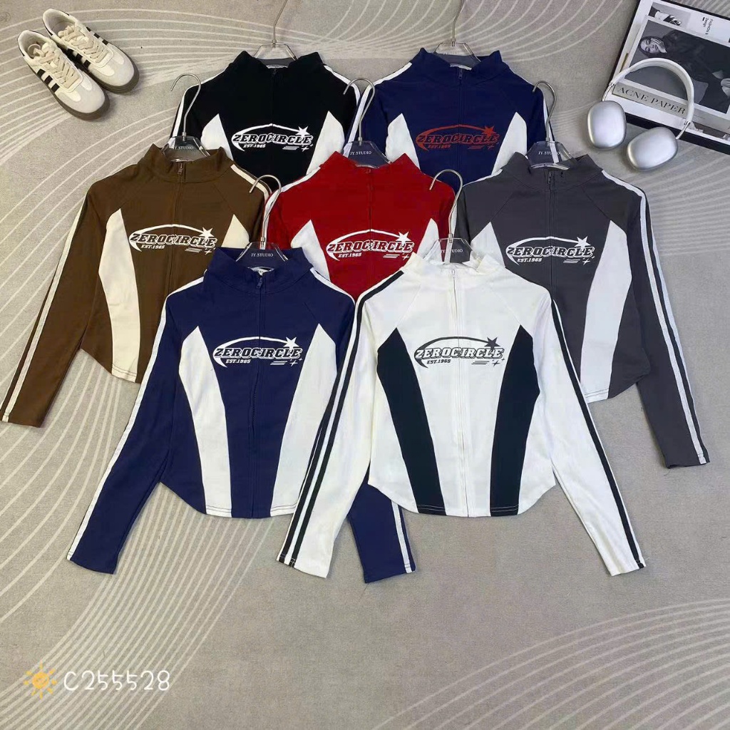 Áo thun nữ tay dài cổ lọ 3 phân pha màu sọc kéo khóa chữ ZEROCIRCLE hàng Quảng Châu form vừa thu 255