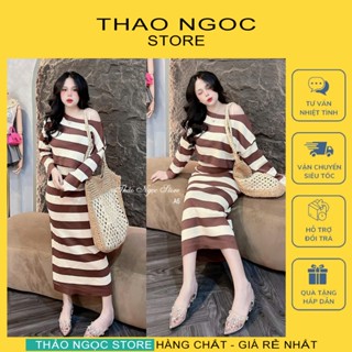  Set bộ len sọc nữ áo croptop trễ vai phối chân váy ôm dài hàng nhập!  có sẵn hình thật  THẢO NGỌC STORE 