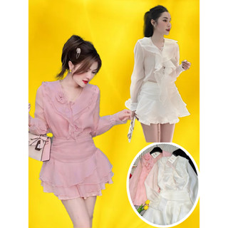 Set áo cổ V bèo + chân váy xoè tầng đầm váy trắng tiểu thưvoan tơ xước ánh kim hoa 3D tay dài công sở đi tiệc cưới