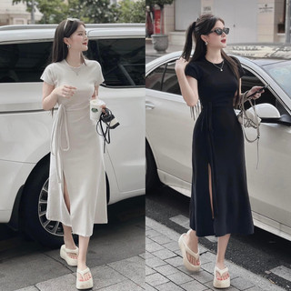 Đầm midi xẻ tà xếp ly nơ eo màu be NÀNG CLOSET