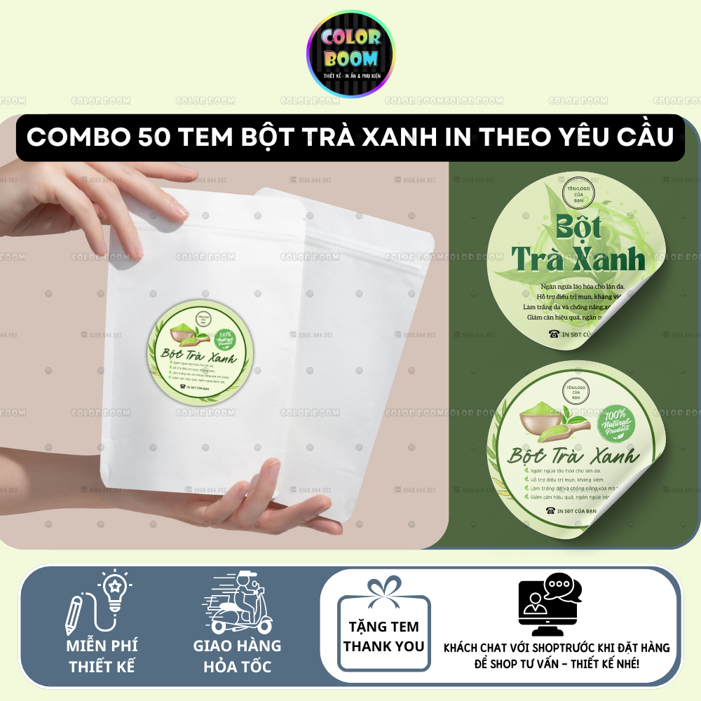 In tem theo yêu cầu SET 50 Tem Bột Trà Xanh - Decal Giấy -Free thiết kế - cắt bế bóc dán - ColorBoom