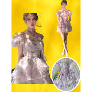   Video thật  Đầm váy tiểu thư lolita hoa tím choker cổ đính nơ 3D voan tơ trễ vai tay bồng váy xoè tầng đi tiệc cưới 