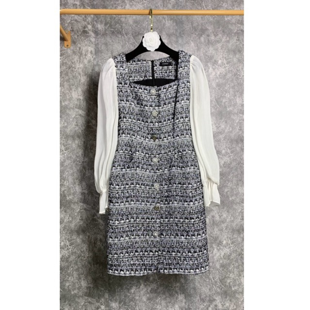Đầm dạ tweed phối lụa siêu sang ảnh thật