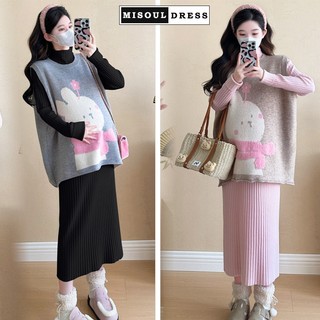  Set váy bầu chất len thừng X22 gồm 1 áo gile len mongtoghi + 1 váy body dáng maxi - Đầm bầu dài tay free size đi chơi 