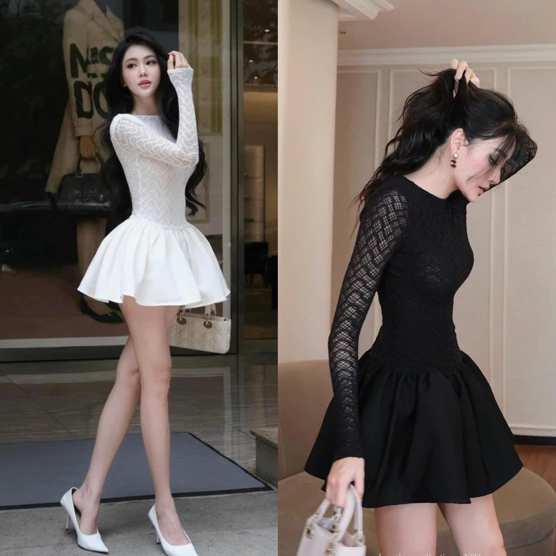Váy Ren Dài Tay Dáng Xoè KANGSOOSTORE - Đầm Tiểu Thư Ren Dài Tay Phối Tafta