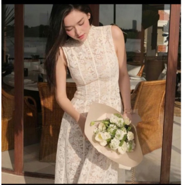 Đầm maxi cổ lọ ren dáng dài ba lỗ cực dễ thương cho nữ đi chơi dự tiệc tiểu thư sang chảnh quý phải