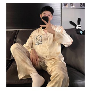 Bộ đồ ngủ nam DÀI TAY vải lụa satin mềm mại thoáng mát họa tiết hình Gấu Vàng Mã 84