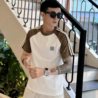 Áo thun nam ngắn tay cổ tròn phối sọc vai thêu chữ B nổi vải cotton dày dặn genz co giãn fom vừa áo không cổ nam