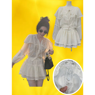 Set áo cổ tròn tay dài & chân váy xoè 2 tầng voan tơ organ ánh kim ren bigsize váy trắng tiểu thư công chúa ANNA