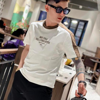 Áo thun nam ngắn tay cổ tròn in chữ phối vai vải cotton dày dặn co giãn thấm hút tốt fom vừa áo không cổ nam VB002