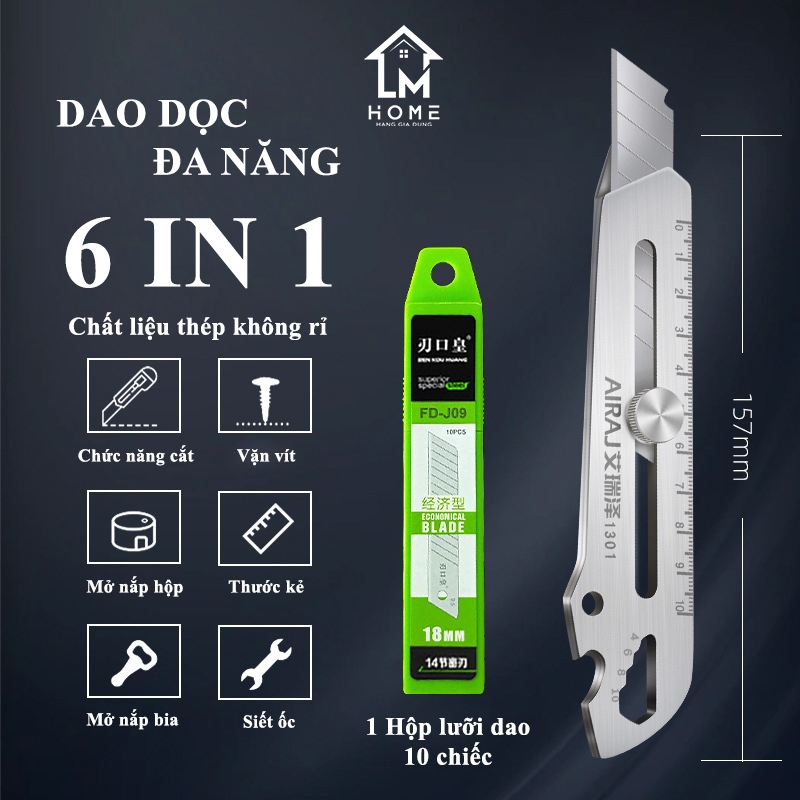 Dao Rọc Giấy Đa Năng Chất Liệu Thép Không Rỉ - 6 Trong 1 Có Thước Đo, Vặn Ốc, Vít, Khui Hộp Tặng Hộp