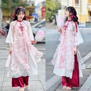 Áo dài cách tân Hải Đường, Áo dài tứ thân tay loe chất liệu voan in hoa phối lót lụa habutai 2025