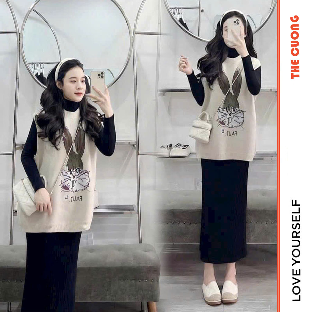 ĐẦM VÁY BẦU LEN THU ĐÔNG GỒM VÁY LEN CỔ 3 PHÂN DÁNG SUÔNG DÀI TAY VÀ ÁO GILE NỈ IN HÌNH THỎ DỄ THƯƠN