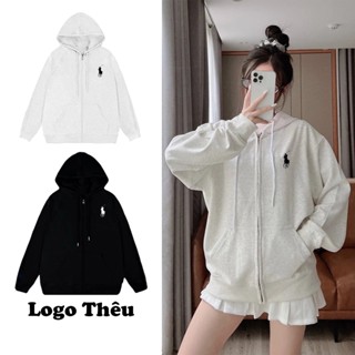 Áo Hoodie zip Ral.ph Lau.ren thêu logo ngựa, Áo Nỉ Bông Xám Tiêu Form Rộng Dài Tay Unisex Nam Nữ Cao Cấp