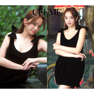 Đầm/Váy nhung bí nơ vai CEEME Pumily Dress màu đen bên trong có lót lụa, có thể đặt may điều chỉnh độ dài ngắn