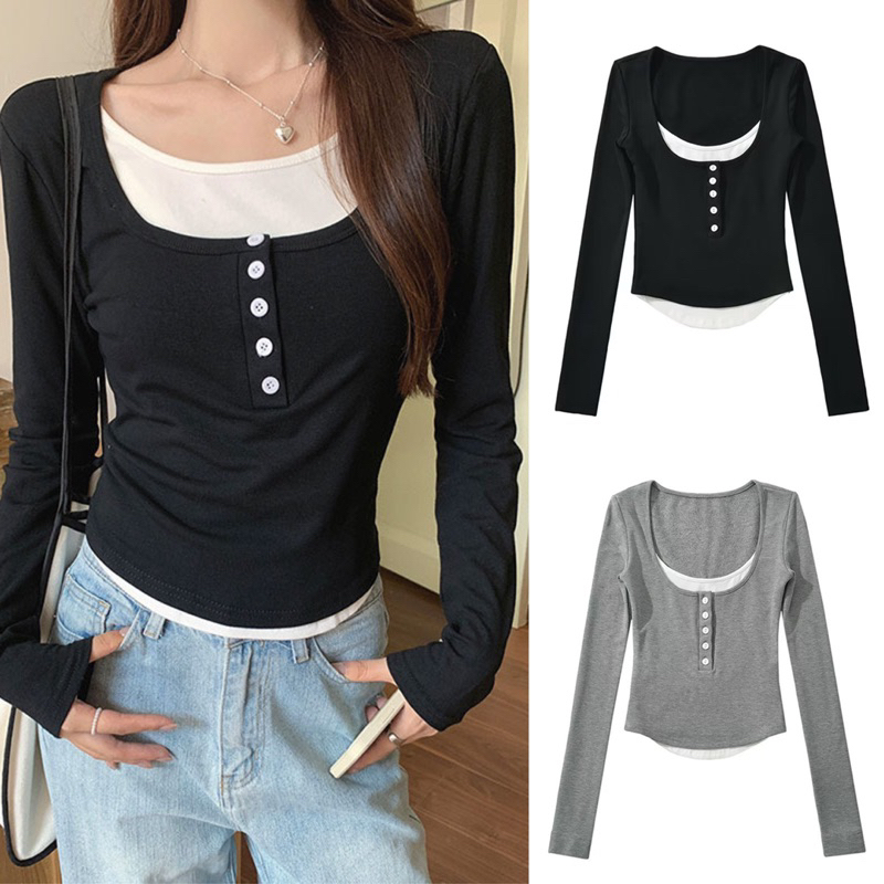 Áo Thun Nữ Dài Tay Dáng Ôm Chất Tăm Hàn Dáng Ôm Phối Màu Hottrend JUDIE.Closet