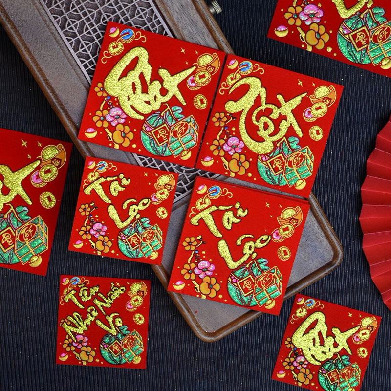 Tem Dán Tết , Tem Chúc Mừng Năm Mới trang trí hộp bánh, kẹo, mứt ngày tết, tem dán dưa giấy nhung nh