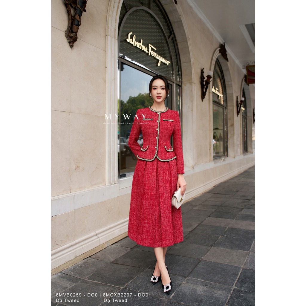 Sét Áo Vest Chân Váy Xoè Nữ MY WAY Dạ Tweed Cổ Tròn Phối Viền Cúc Ngọc Sang Trọng 6MVB0259w - 6MCXB2