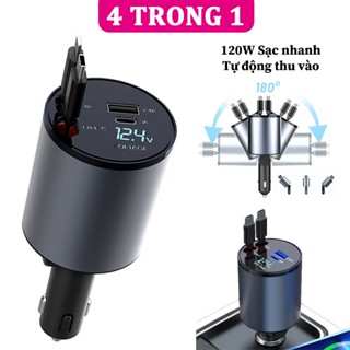 Tẩu sạc nhanh điện thoại trên ô tô 4 trong 1 120W VIAKING, Có 2 dây sạc rút gọn, 2 Cổng chờ Type-C và USB-A, Gập 180 độ