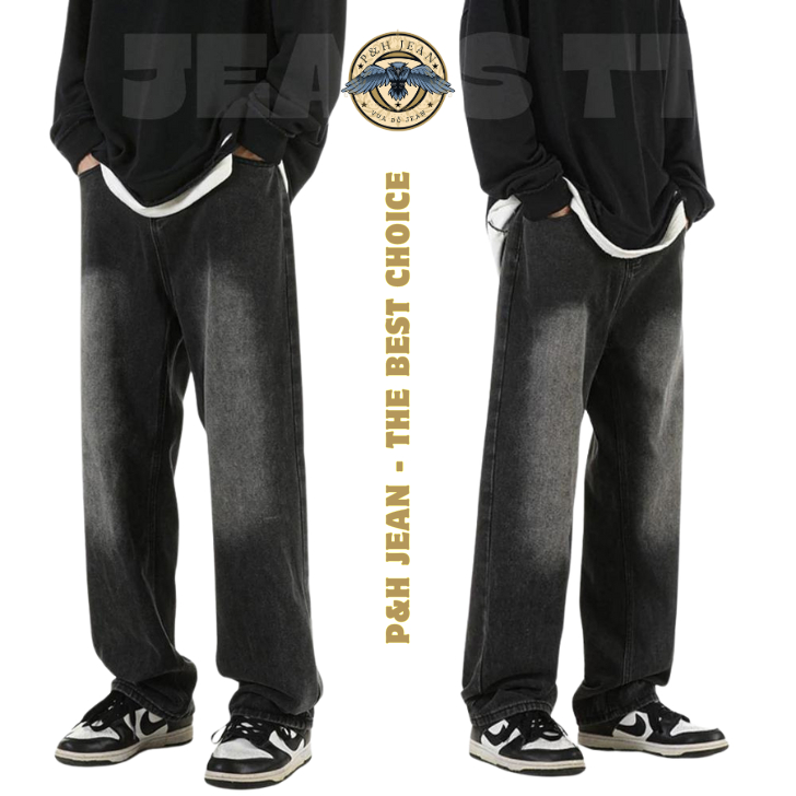 Quần Jean Nam Baggy Cạp Cao Wash Smoke P&H JEAN Ống Suông Vải Bò Cao Cấp