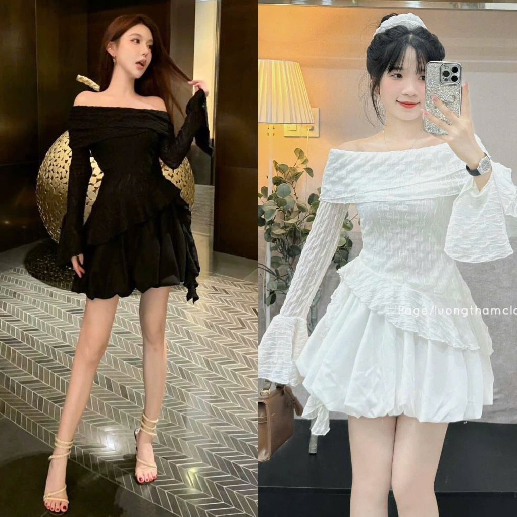 Set Áo Ren 2 Màu Trễ Vai Phối Tua Rua Eo Mix chân Váy Bom Bí 2 Lớp Cạp Chun Siêu Sang (Ảnh Thật Trải