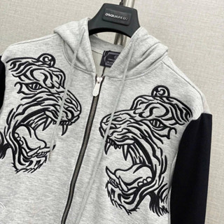 Áo hoodie zip, Hoodie nam nữ Philipp Plein thân xám thêu hình hổ vằn phối tay đen in chữ lưng logo mũ