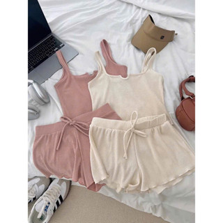 Set ngủ, bộ mặc nhà chất thun tăm có may kèm mút áo 2 dây phối quần đùi size đến 57kg