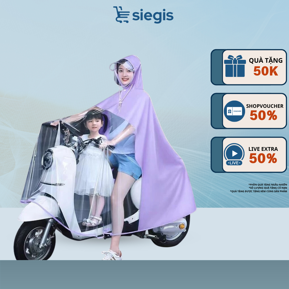Áo Mưa Cho Mẹ Và Bé SIEGIS Che Phủ Toàn Thân Thiết Kế Nửa Trước Trong Suốt Chất Liệu Chống Thấm Kèm Kính Chắn Mưa