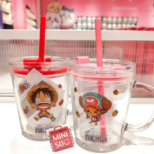 Ly Cốc Thủy Tinh Thuộc Bộ Sưu Tập Miniso x One Piece Collection có ống hút Cốc uống nước có nắp 400M