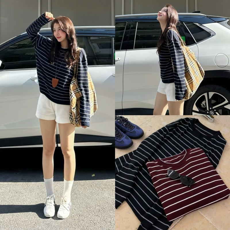 (OLDSCHOOL) Áo cotton len mỏng tay dài kẻ ngang XEM.STUDIO A011