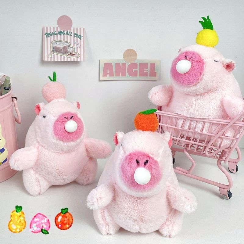 Móc khóa thú nhồi bông Capybara hồng đội trái dứa thổi kẹo cao su vpp64