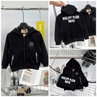  Áo khoác hoodie zip bé trai Philipp Plein logo sắt ngực phối logo thêu dải chữ ngang lưng chất chơi_ 17013 