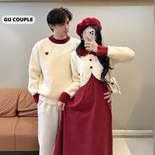 Set đồ đôi nam nữ mùa đông áo len nam dài tay áo croptop nữ kèm váy nữ màu đỏ HAPPYLOVE G213