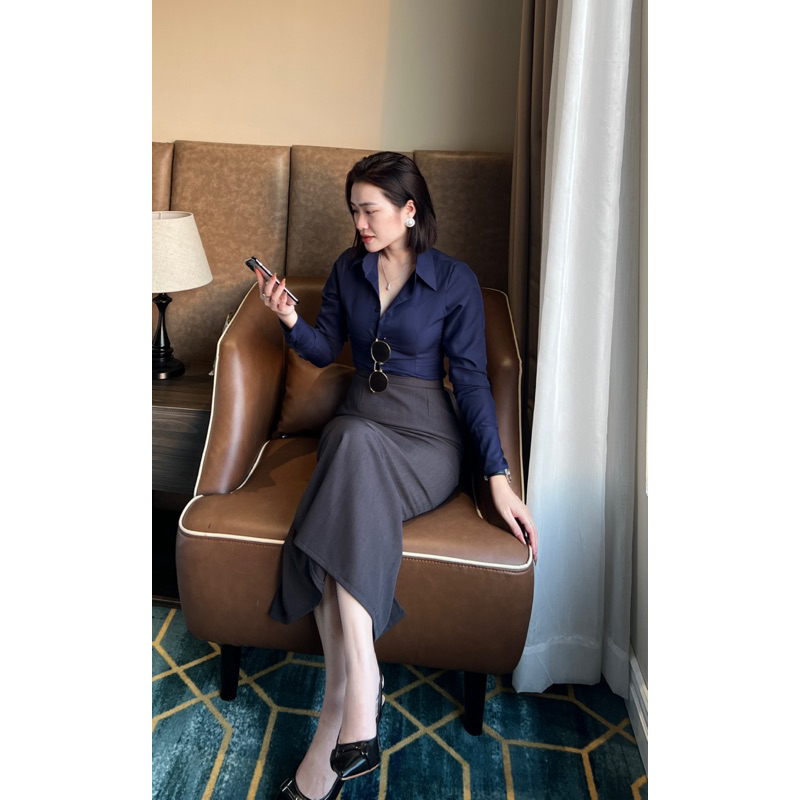 Áo Sơmi nữ dài tay form ôm, chít ly eo, AO08, Suongg Women