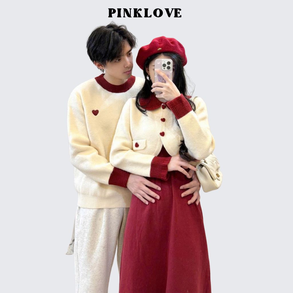 Đồ đôi nam nữ mùa đông PINKLOVE áo len nam dài tay áo croptop nữ kèm đầm nữ màu đỏ thời trang P213