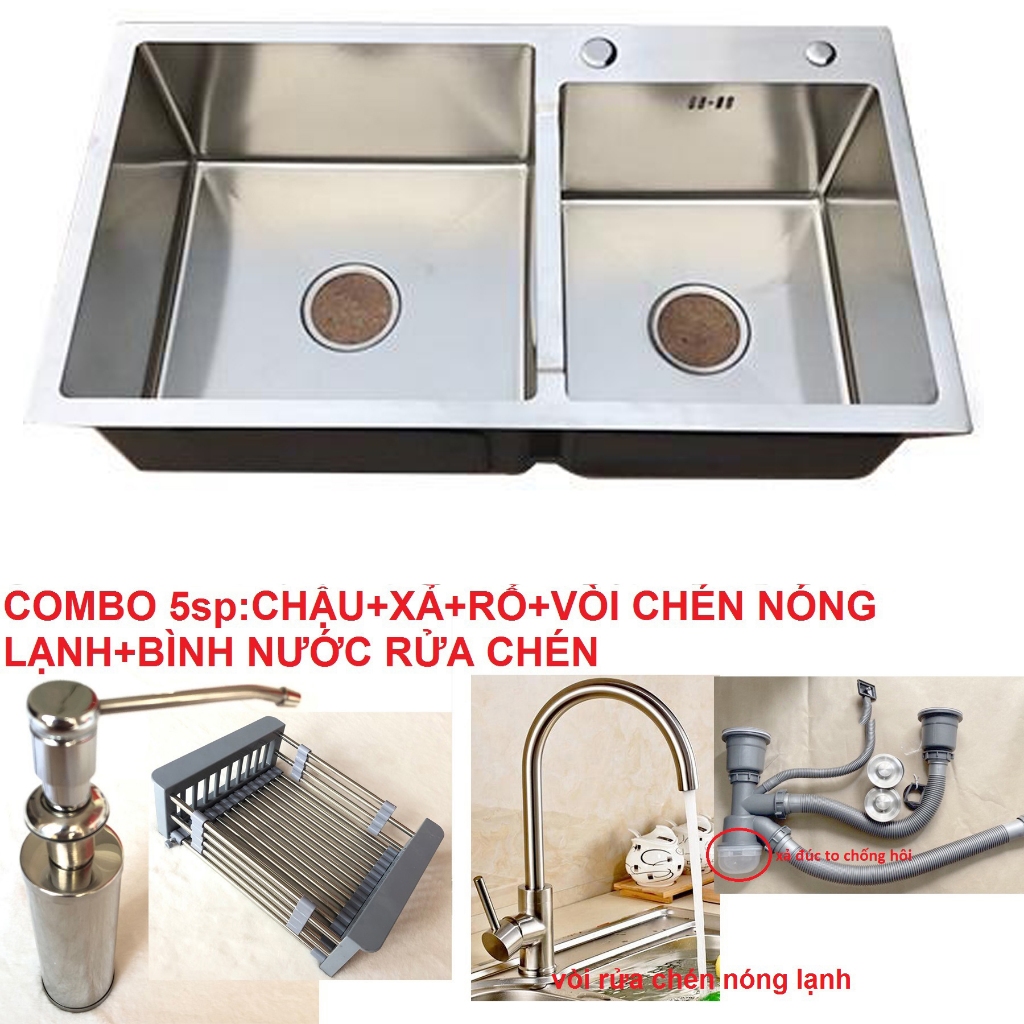 Combo Chậu Rửa Chén Bát INOX  N7 8245 và Xả chậu và Rổ Đa Năng và Vòi Chén và Bình Rửa Chén